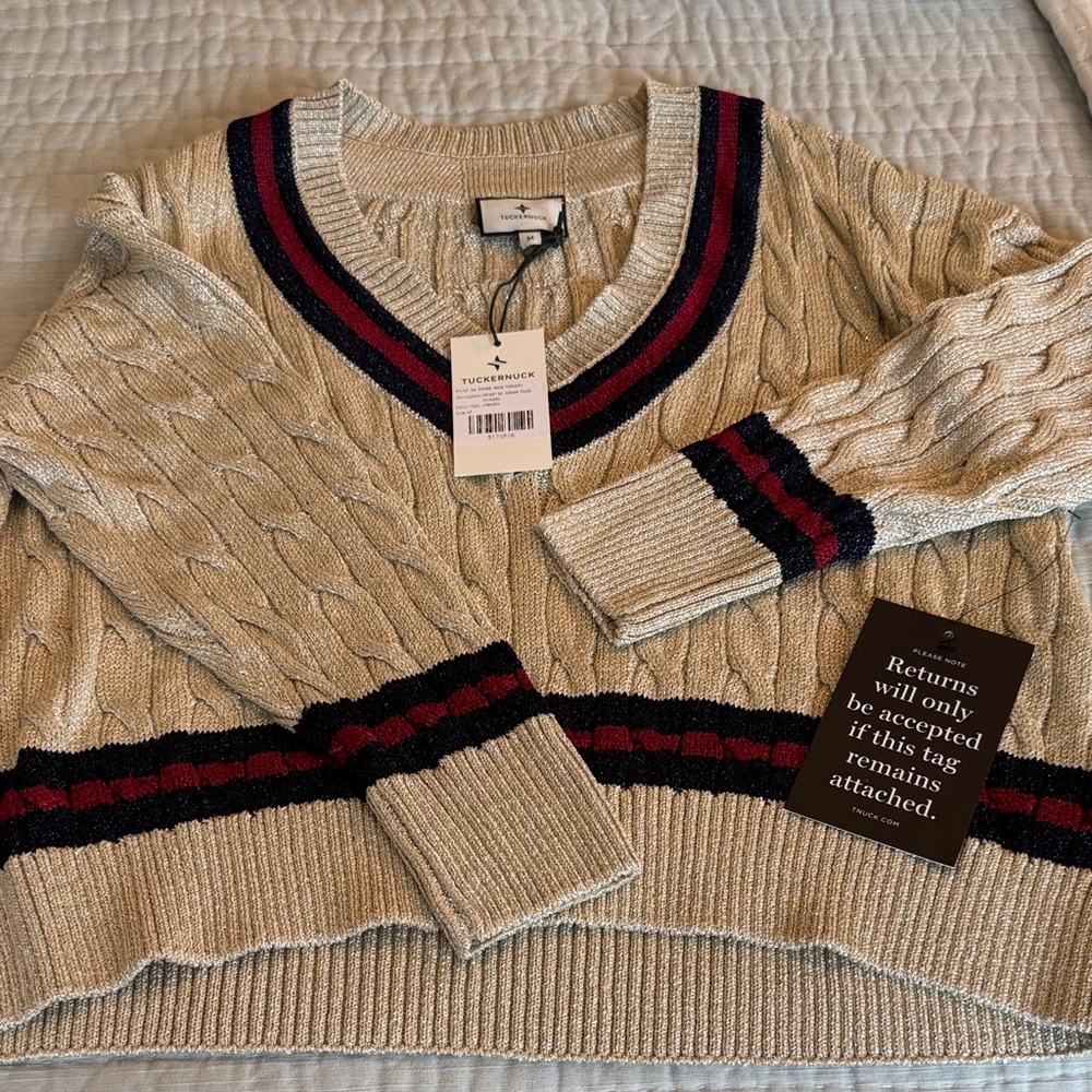 Tuckernuck Cream Cable-Knit Sweater with Navy and Burgundy Stripes